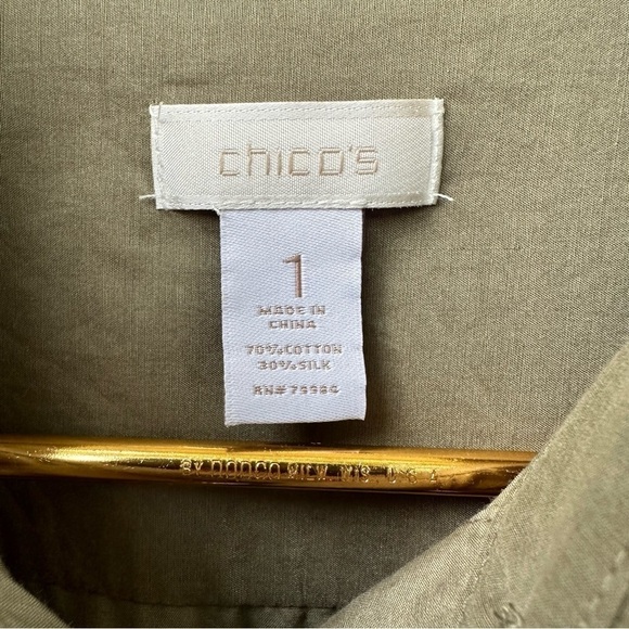 Chico’s Olive Army Green Cotton Silk Roll Tab Sleeve Button Up Shirt - Picture 4 of 10